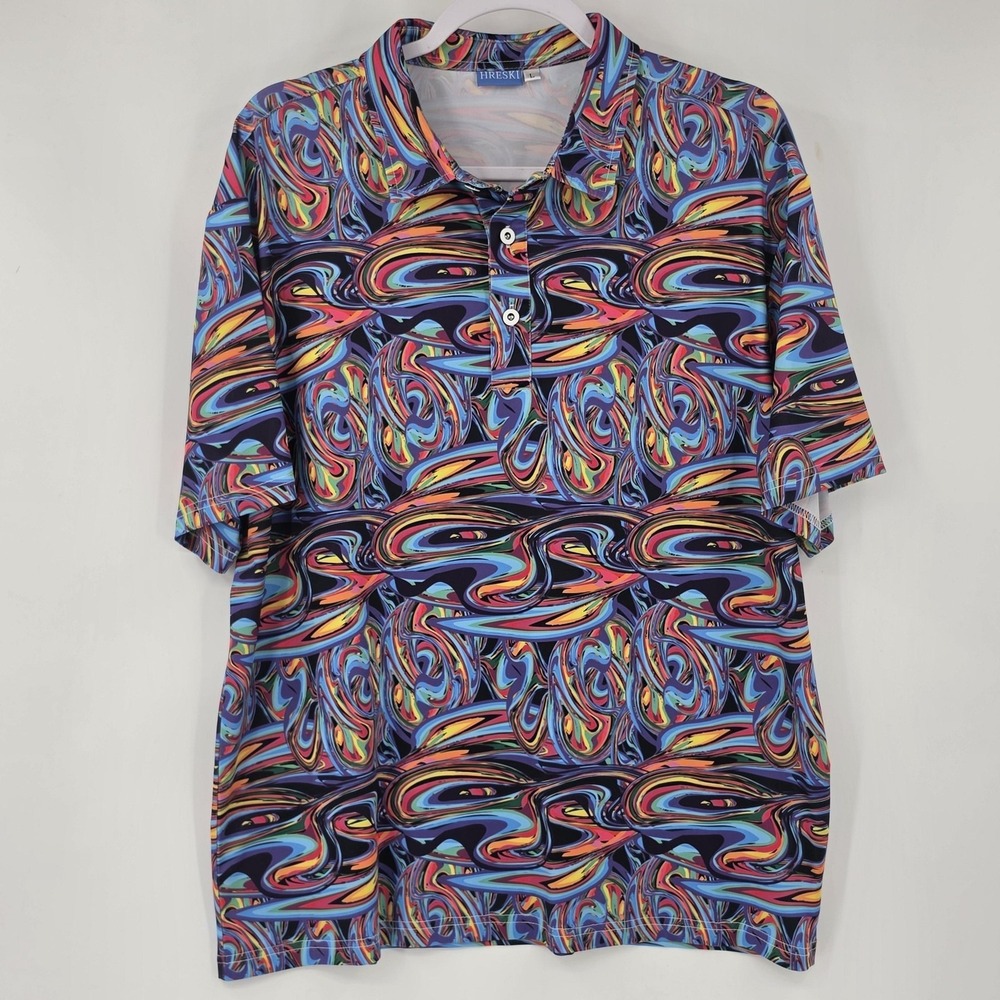 Hreski Polo Shirt Multicolor Psychedelic Swirl Bright Bold Golf Stretch Mens‎ L